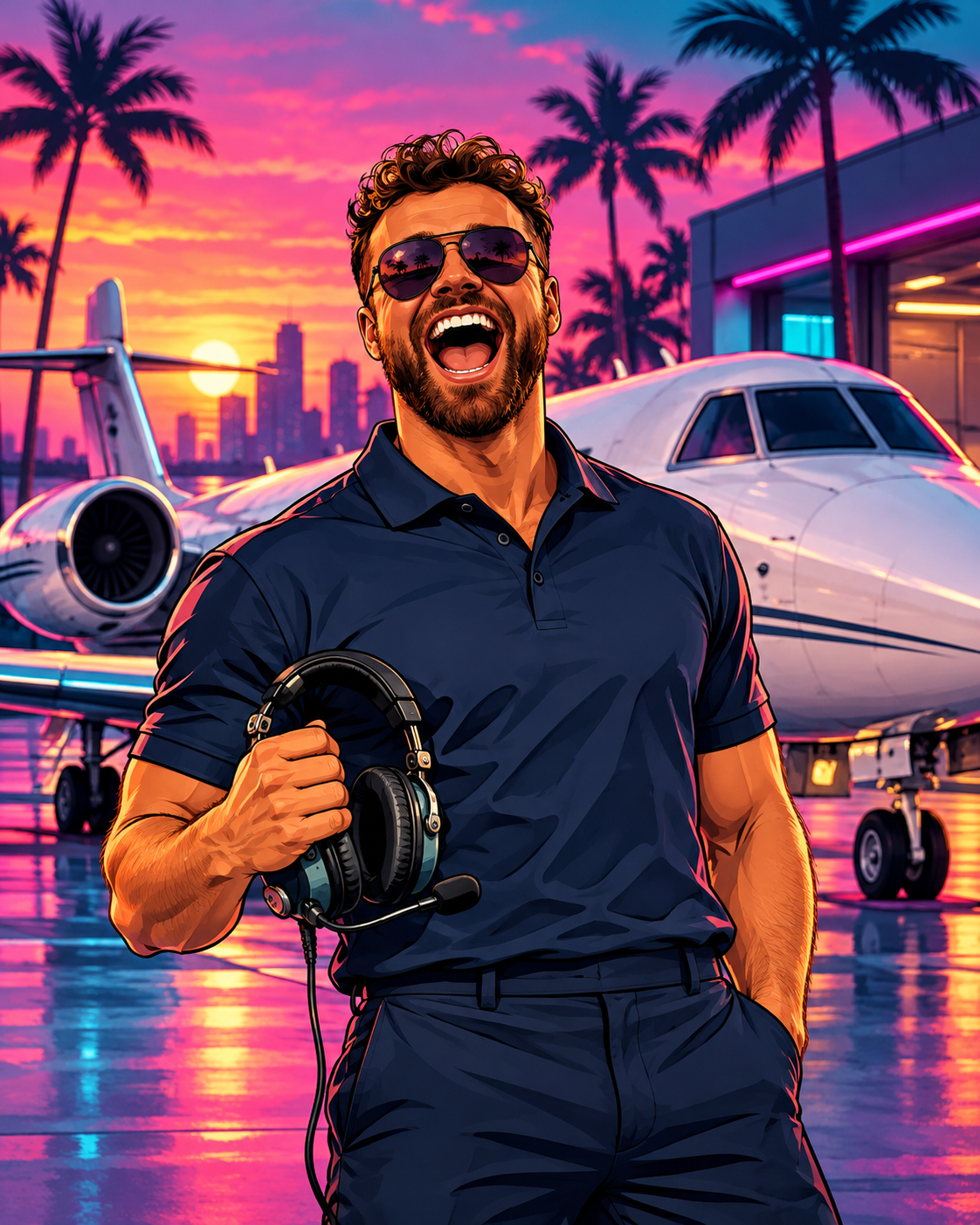 Cartoon portrait of Anton TonTon Leonardes in aviator sunglasses holding a headset beside an illustrated jet at sunset